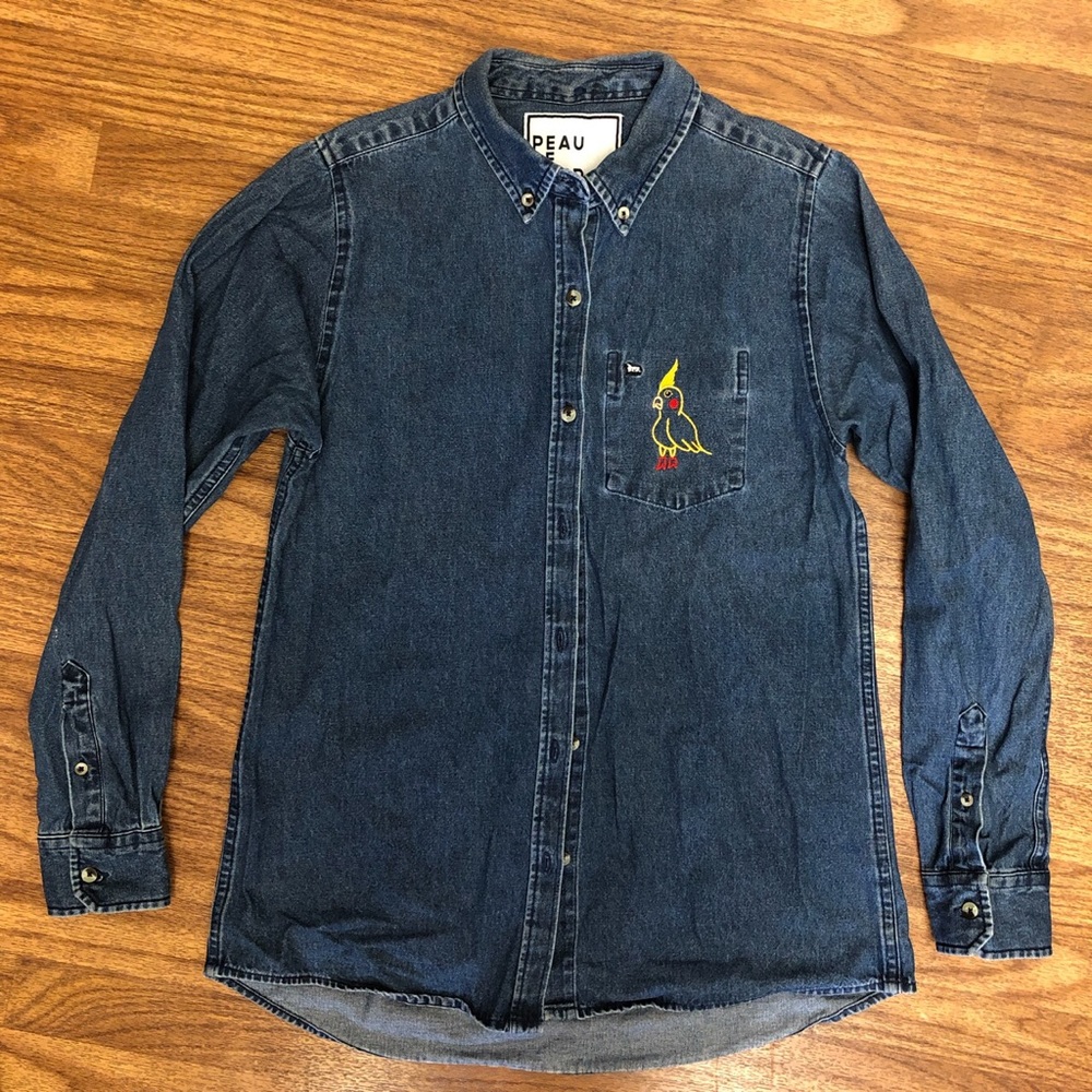 Cockatiel Embroidery Denim Button Up Shirt